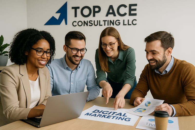 Digital marketing experts collaborating on strategy at Top Ace Consulting LLC Digital marketing experts collaborating on strategy at Top Ace Consulting LLC
