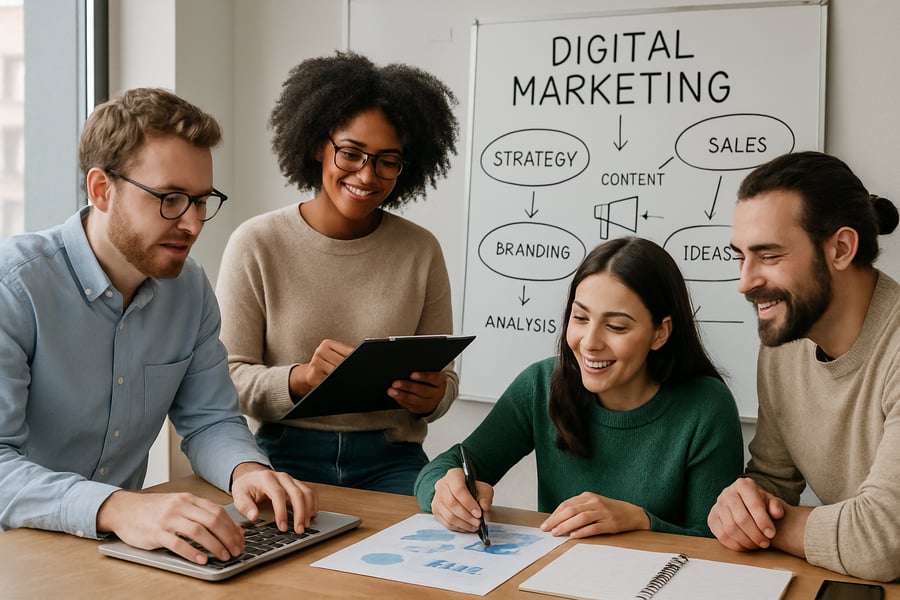 Digital marketing team collaborating on business strategy Digital marketing team collaborating on business strategy