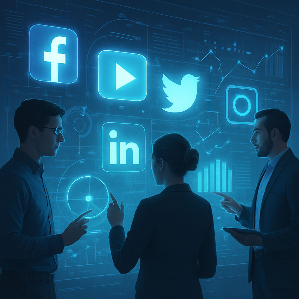 3 team members interacting with futuristic screen filled with social media logos executing campaigns-1