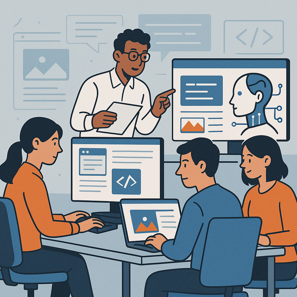 modelingcompound show employees working diligently in building a complex website with AI support Use style of the last images-1